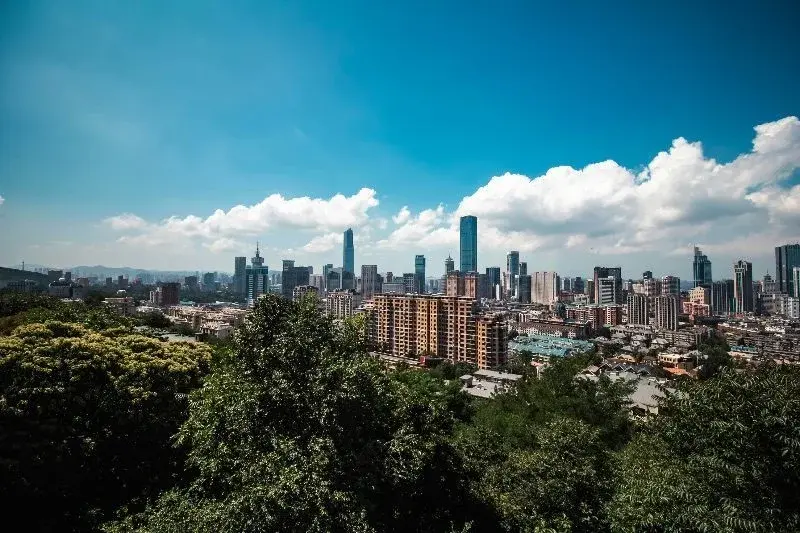 Dalian's skyline of apartment and office towers under a bright blue sky with white clouds, seen past a hillside of green trees