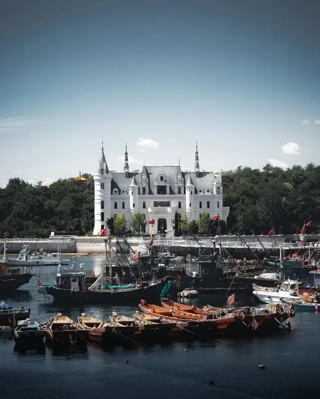 Wooden and steel fishing boats moored in a Dalian harbor, with a white castle-style building visible on the far shore