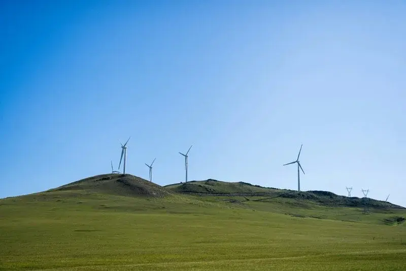 Wind turbines on a grassy hill under a clear blue sky near Hohhot