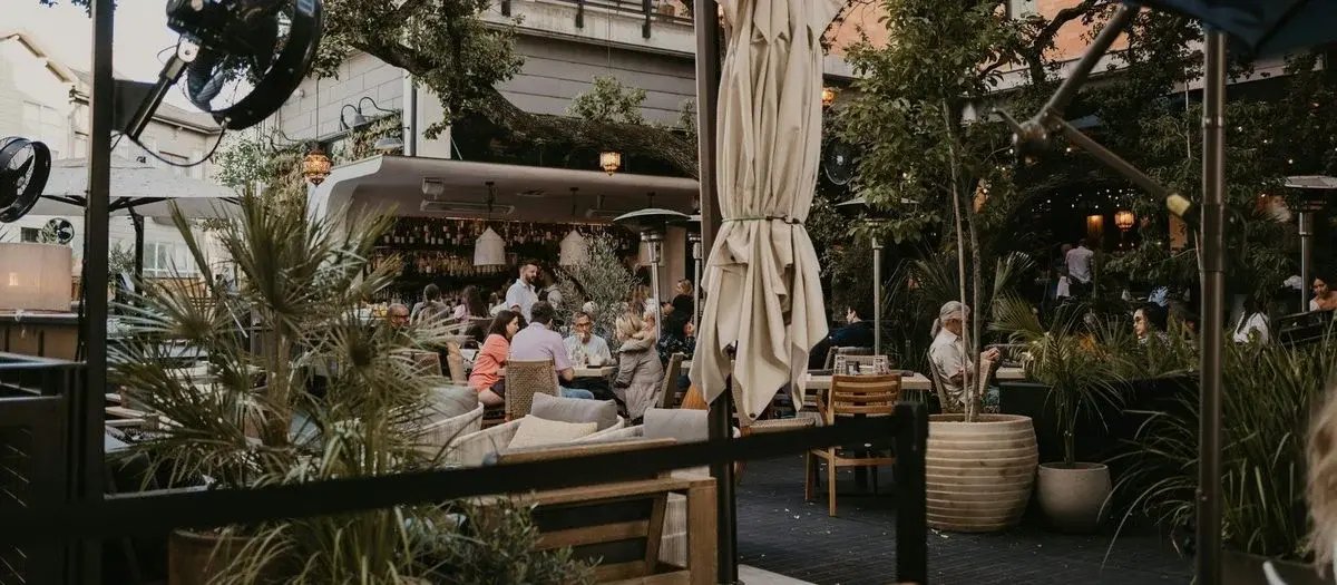 An Austin bar patio under live oak trees, tables full of people in the evening