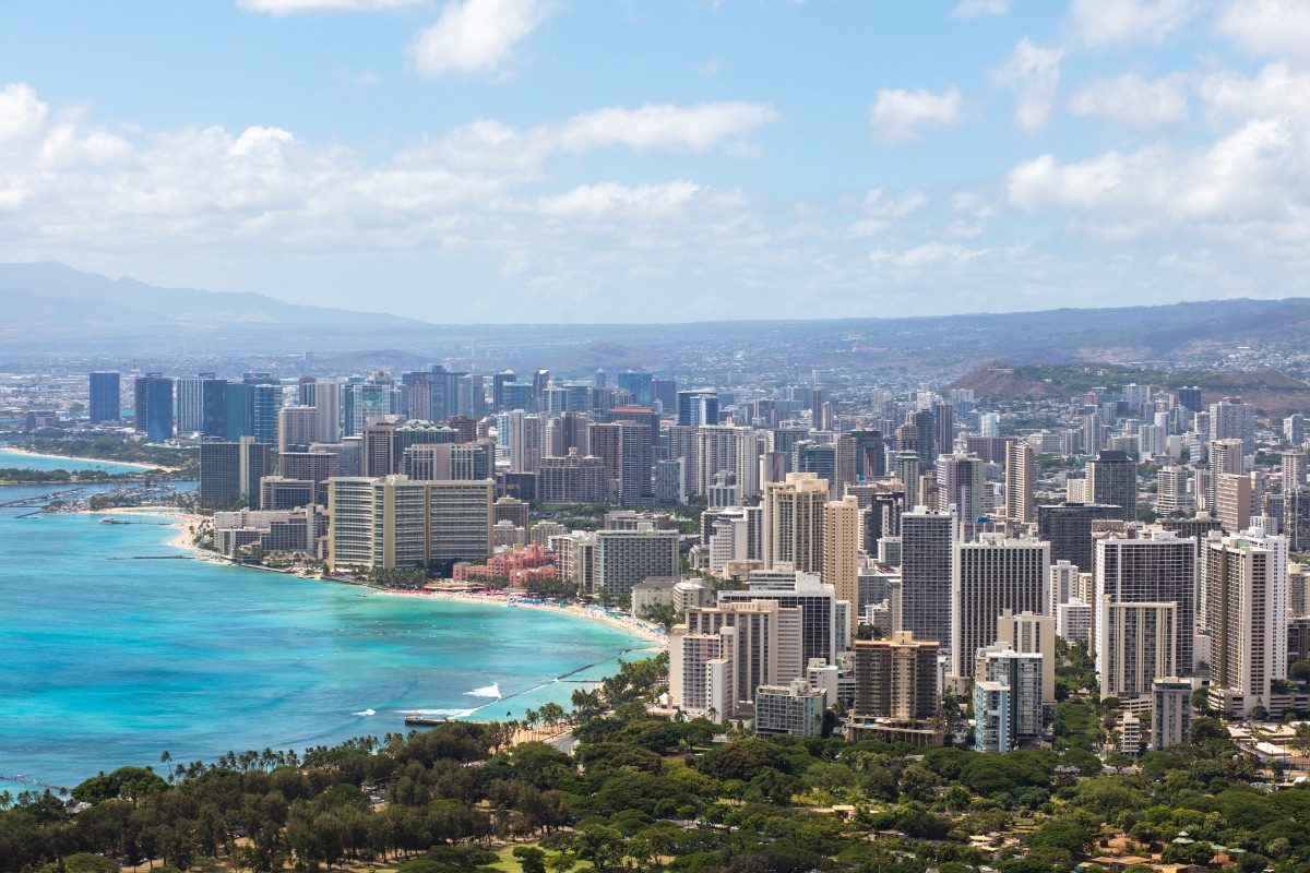Honolulu's Waikiki skyline and beachfront at dusk
