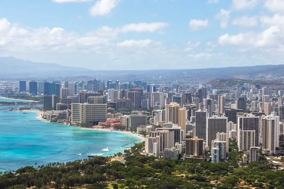 Honolulu's Waikiki skyline and beachfront at dusk