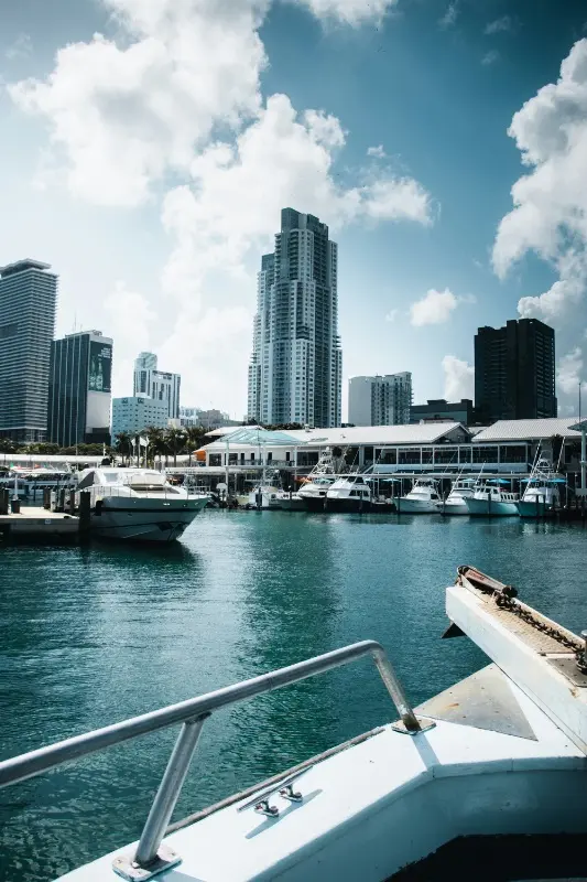 Port of Miami cruise terminal, yachts moored within turquoise harbour