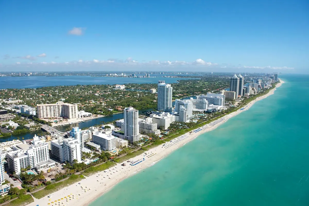 Miami South Beach skyline, iconic Art Deco buildings stretching along coastline