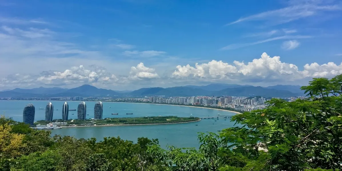 Sanya Phoenix Island and Sanya Bay skyline, panoramic view of a tropical coastal resort city