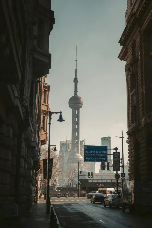 A Shanghai street near the Bund with the Oriental Pearl Tower visible in the distance, bare pavement on a clear day