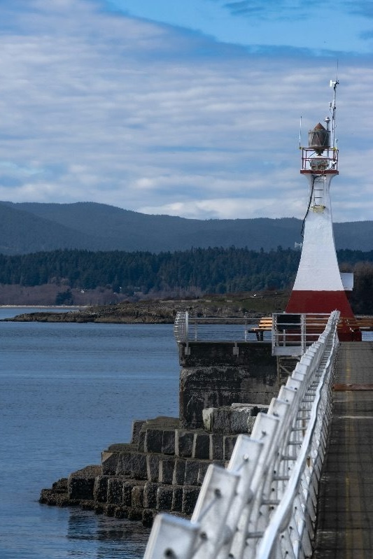 A small red-and-white lighthouse at the end of Victoria's Ogden Point breakwater, forested hills across the water
