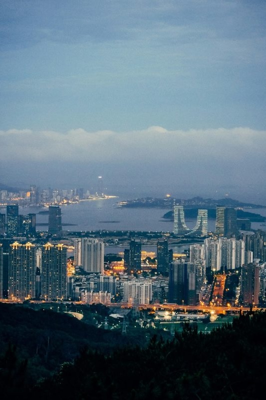 Xiamen's twin curved towers lit up among the city's skyline at night