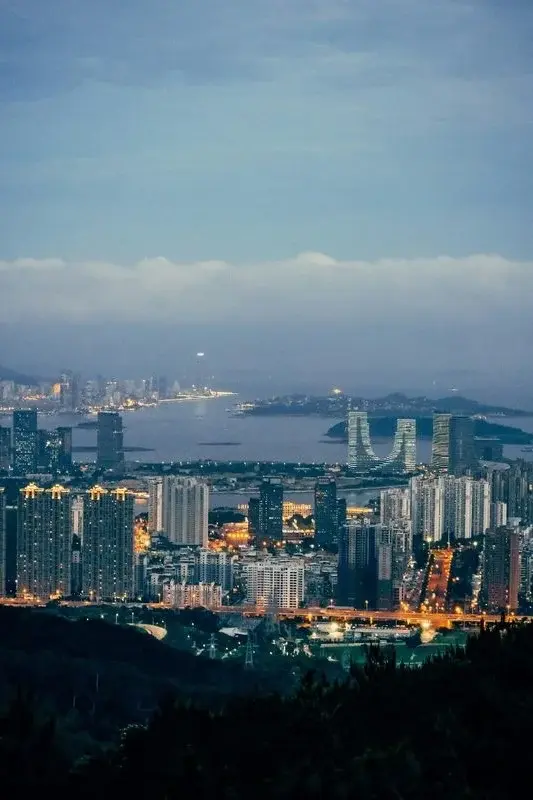 Xiamen's twin curved towers lit up among the city's skyline at night