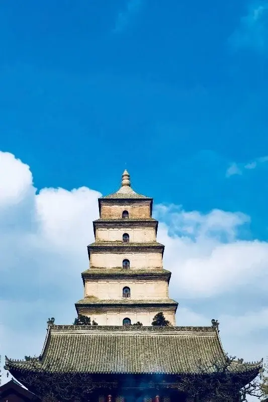 The Giant Wild Goose Pagoda's tiered brick tiers rising against a blue sky with clouds, temple roofline below
