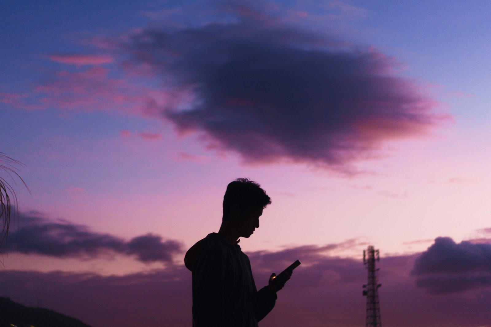 Silhouette of a person checking their phone at dusk, with a telecom signal tower visible in the background