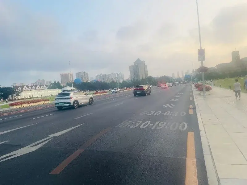 A Dalian arterial road with a bus-only lane marked in yellow, its enforcement hours 6:30–8:30 and 16:30–19:00 stenciled onto the pavement