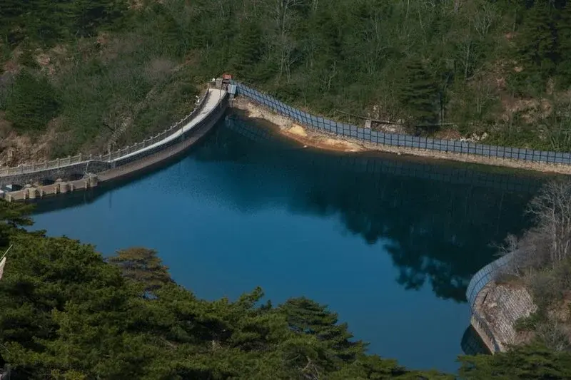 A curved dam wall holding back a blue reservoir in a forested valley